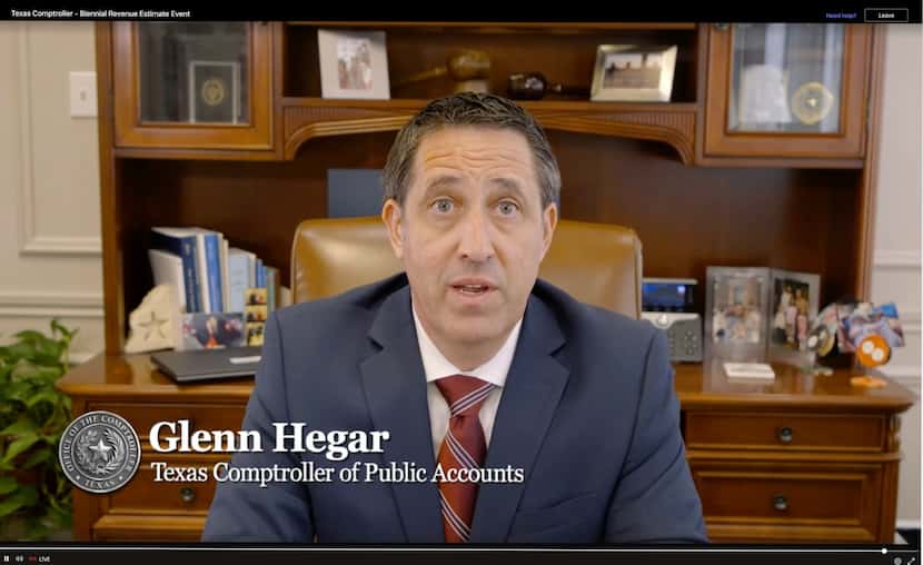 Texas Comptroller Glenn Hegar presents his revenue estimate for 2024-25 during a virtual...