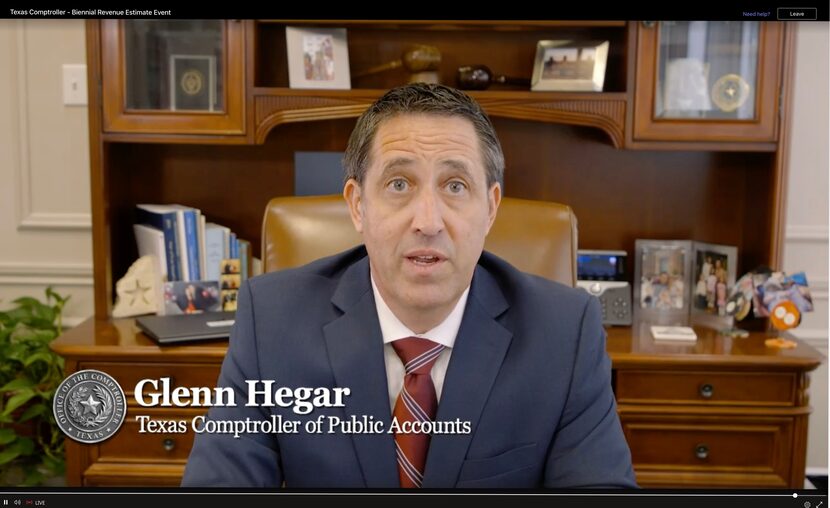 Texas Comptroller Glenn Hegar presents his revenue estimate for 2024-25 during a virtual...