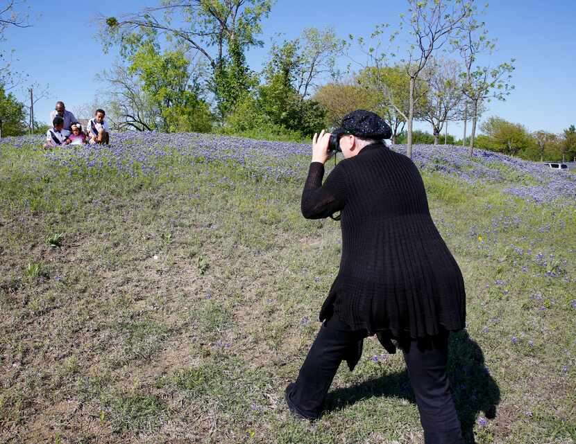 The Sampson family takes photos in a bluebonnet field in a median on W. Bethany Drive in...