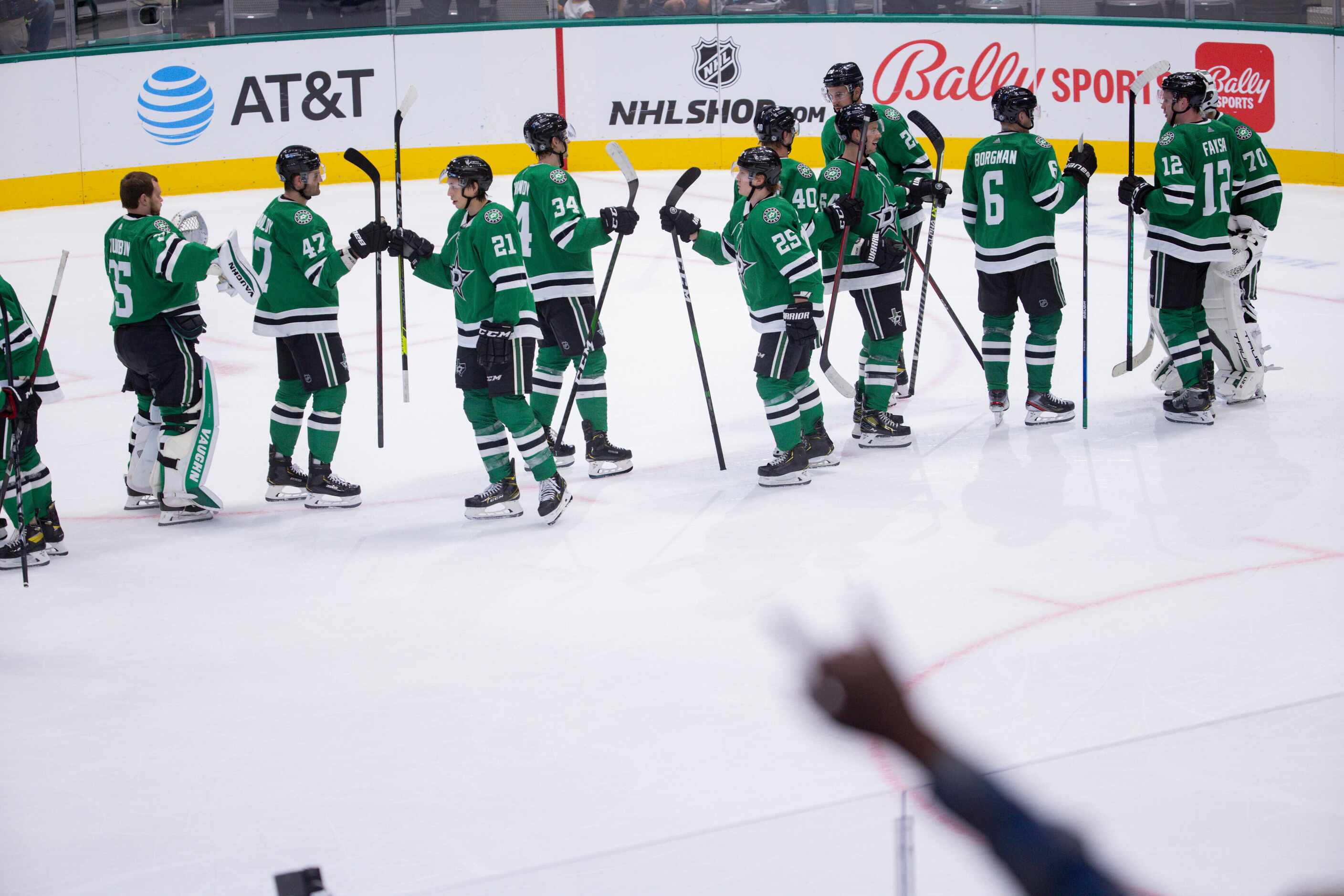Dallas Stars players celebrate their preseason game win against St. Louis Blues on Tuesday,...