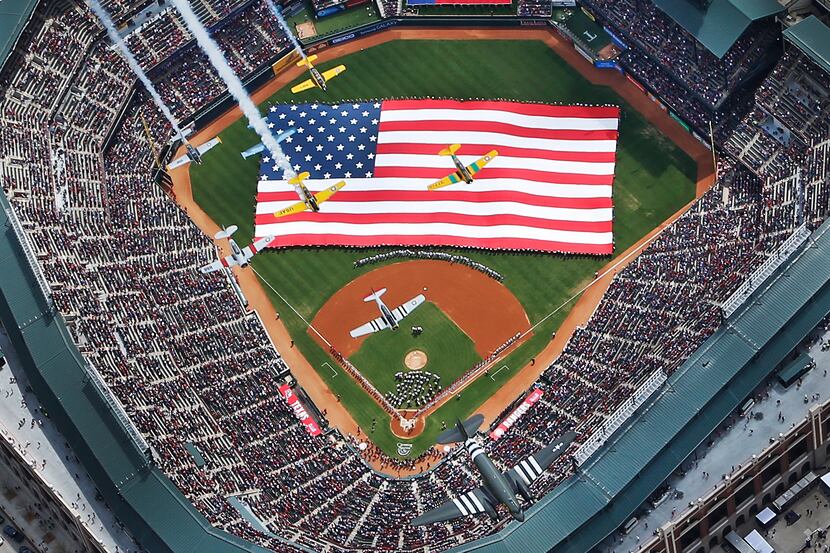 Here's an aerial shot of the flyover before the Philadelphia Phillies vs. the Texas Rangers...