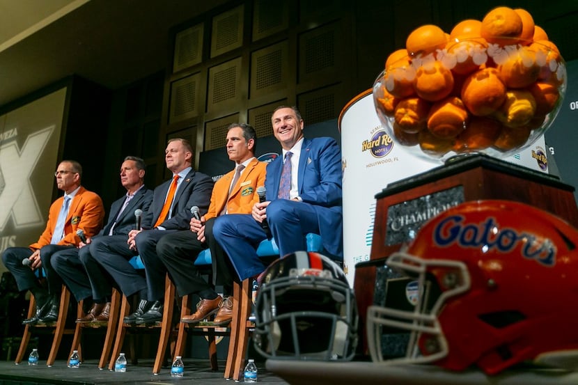 The 2019 Orange Bowl trophy on display during a press conference between Florida Gators head...