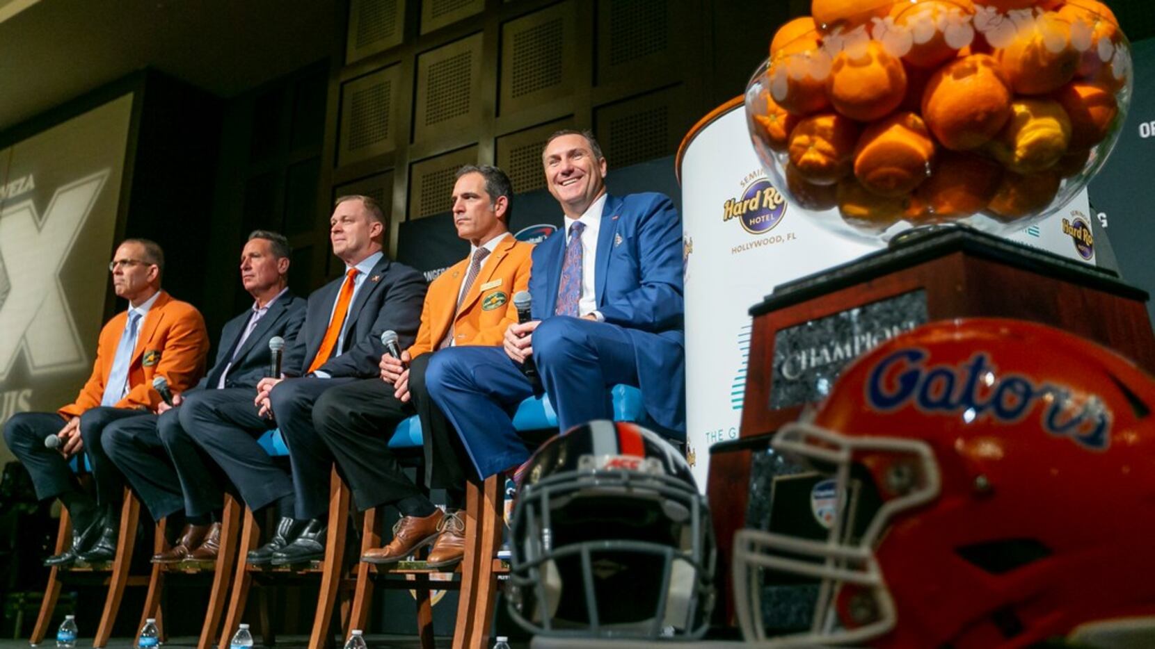 The 2019 Orange Bowl trophy on display during a press conference between Florida Gators head...