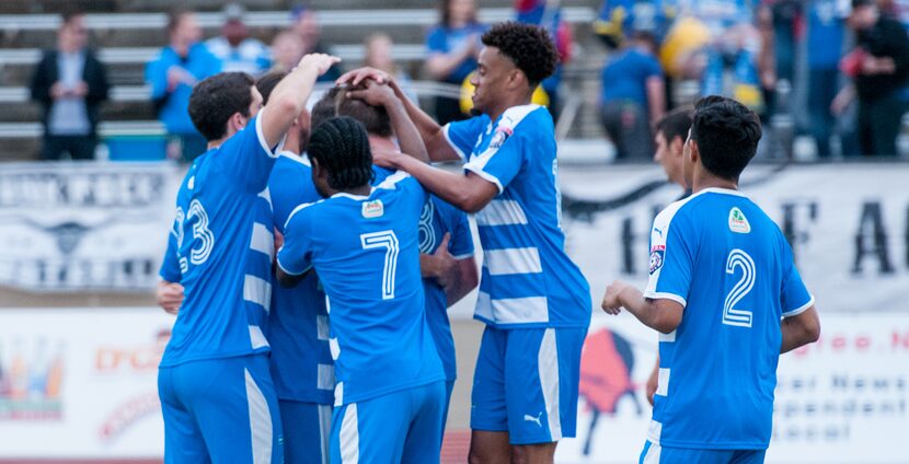 Vaqueros celebrate Declan O'Shea's opening goal against Tyler FC. (5-11-19)