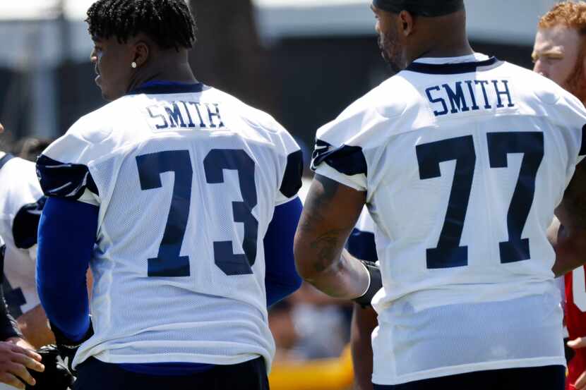The Dallas Cowboys Smiths, rookie guard Tyler Smith (73) and veteran offensive tackle Tyron...