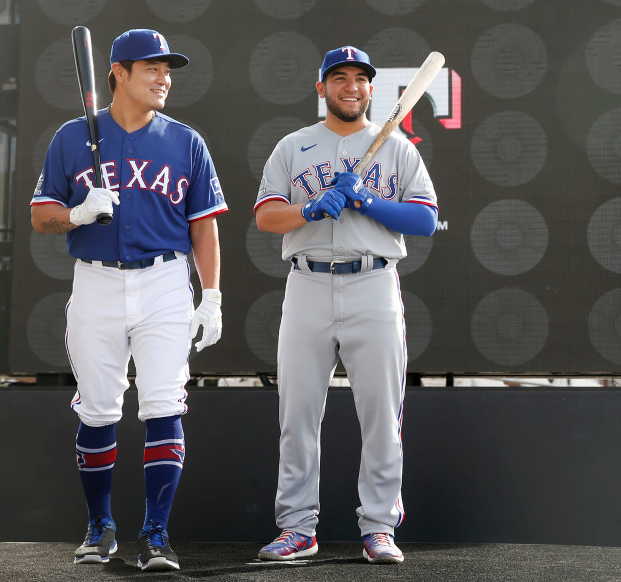 Texas Rangers Shin-Soo Choo and Jose Trevino during the unveiling of the 2020 uniforms at...