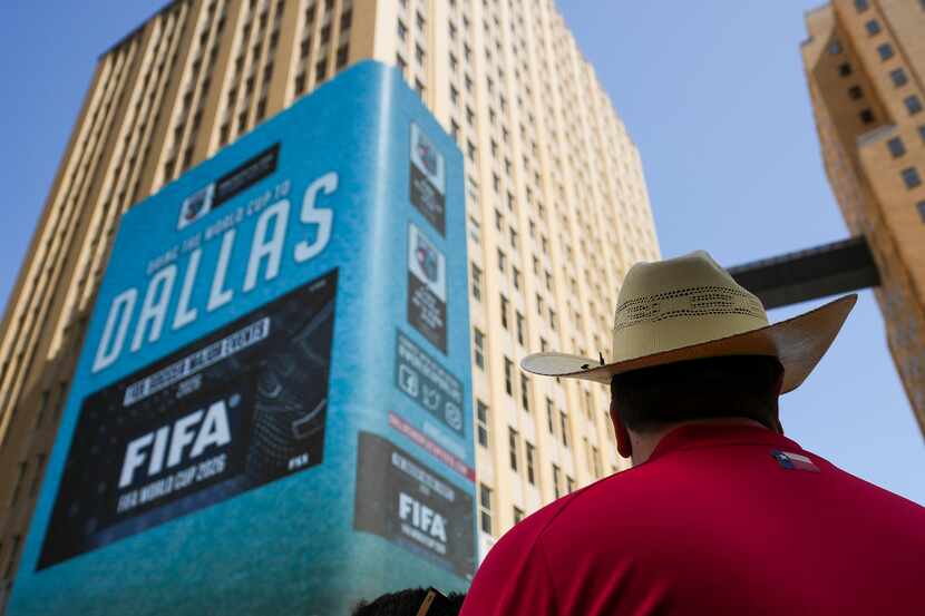 The FIFA announcement telecast is shown on a large screen Fans before Dallas was announced...