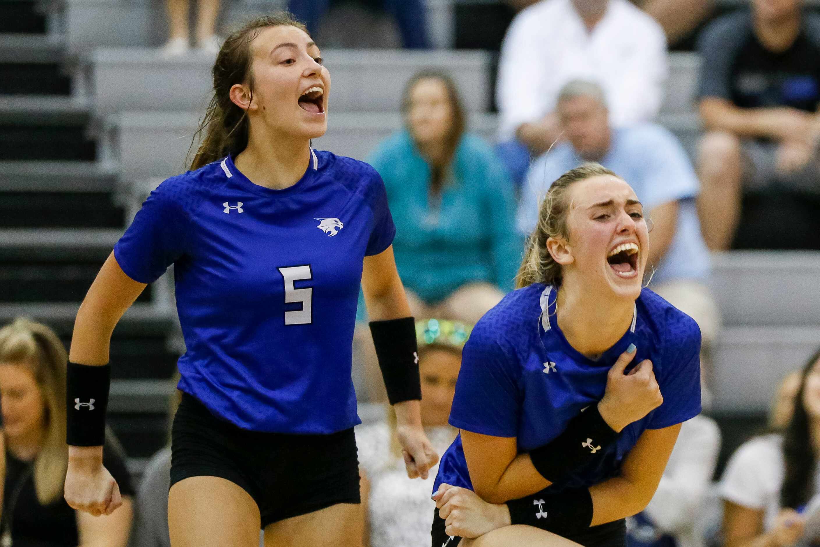 Trophy Club Byron Nelson setter Keatyn Rodgers (5) and outside hitter Sam Hoppes (9)...