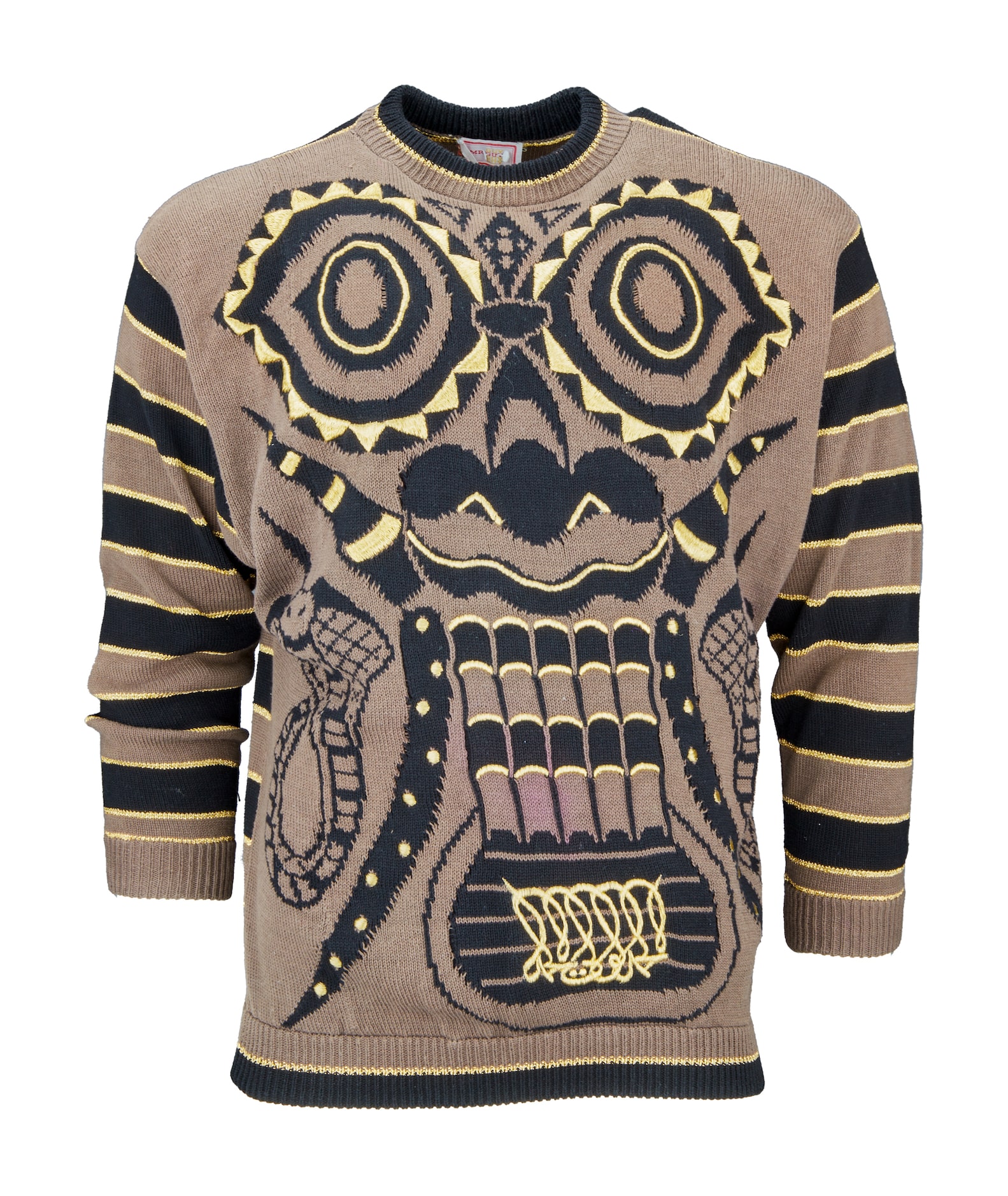 A wool knit dragon face sweater by Japanese fashion designer Kansai Yamamoto worn in...