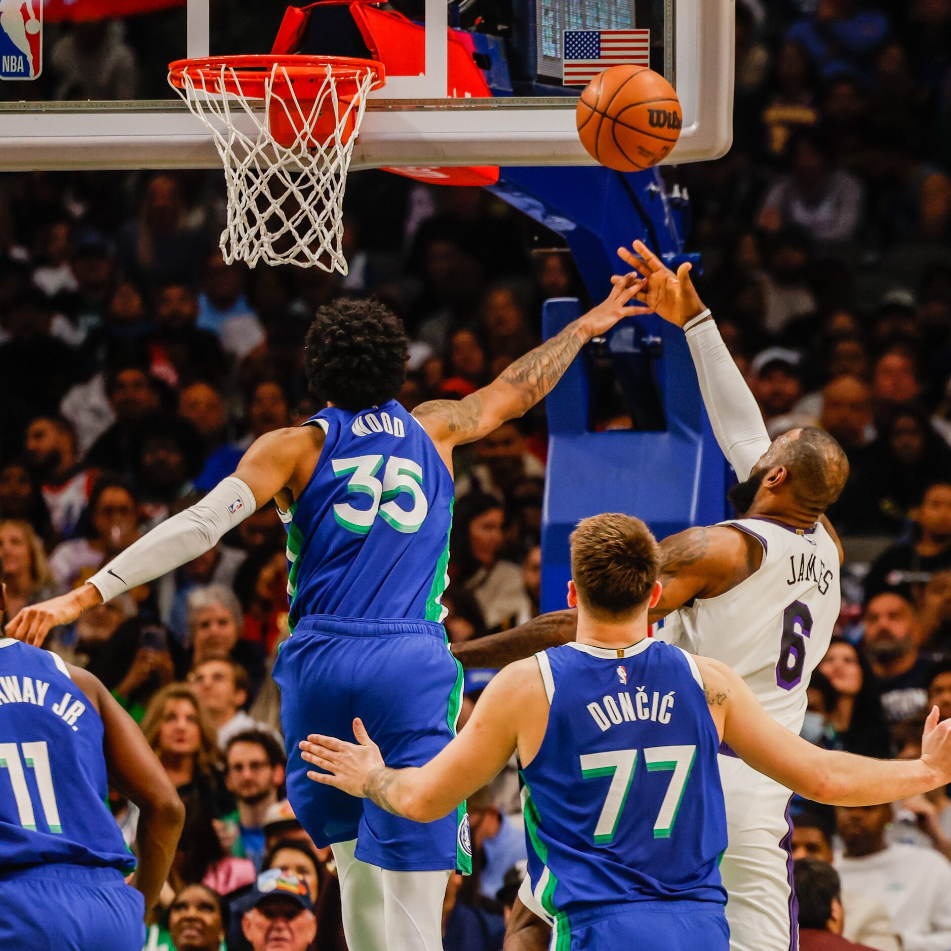 Los Angeles Lakers forward LeBron James (6) goes for a shot as Dallas Mavericks forward...