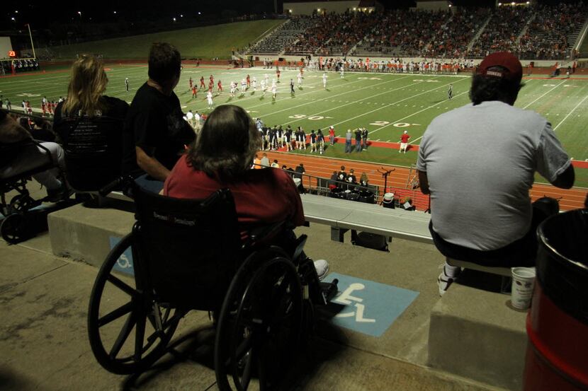 Colleyville Heritage fans enjoy the view from the top row of Mustang-Panther Stadium during...