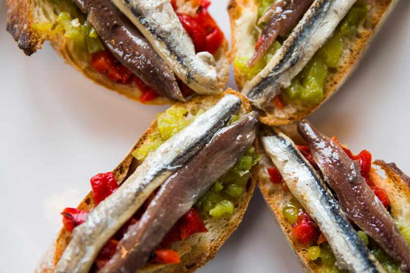 "Matrimonio," or dark and white anchovies on toast, at Sketches of Spain