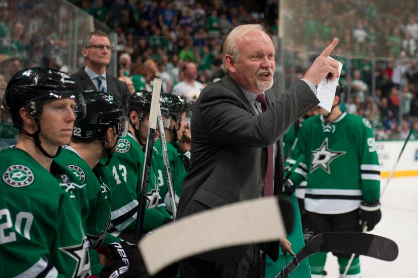 Feb 27, 2016; Dallas, TX, USA; Dallas Stars head coach Lindy Ruff argues a call of no goal...