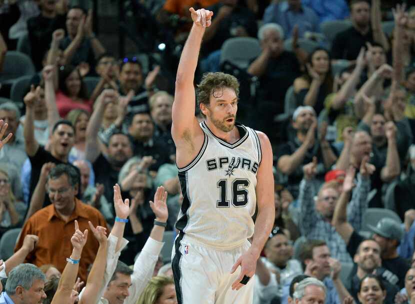 FILE - In this Monday, March 27, 2017, file photo, San Antonio Spurs center Pau Gasol, of...