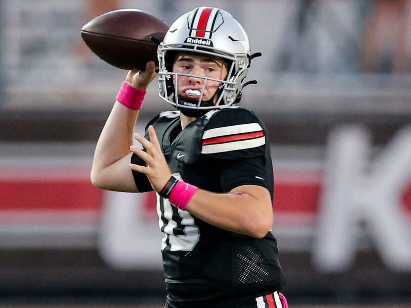 Lovejoy sophomore quarterback Alexander Franklin (10) throws during the first half of a high...