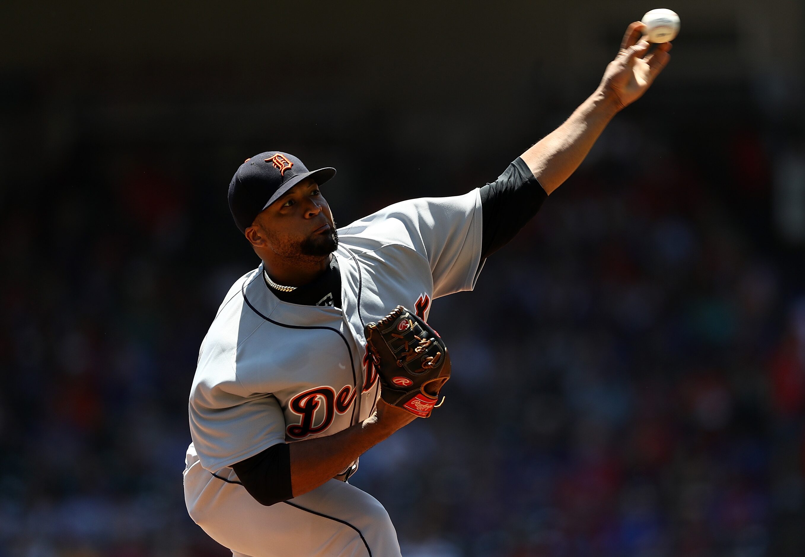 ARLINGTON, TX - MAY 09:  Francisco Liriano #38 of the Detroit Tigers pitches against the...