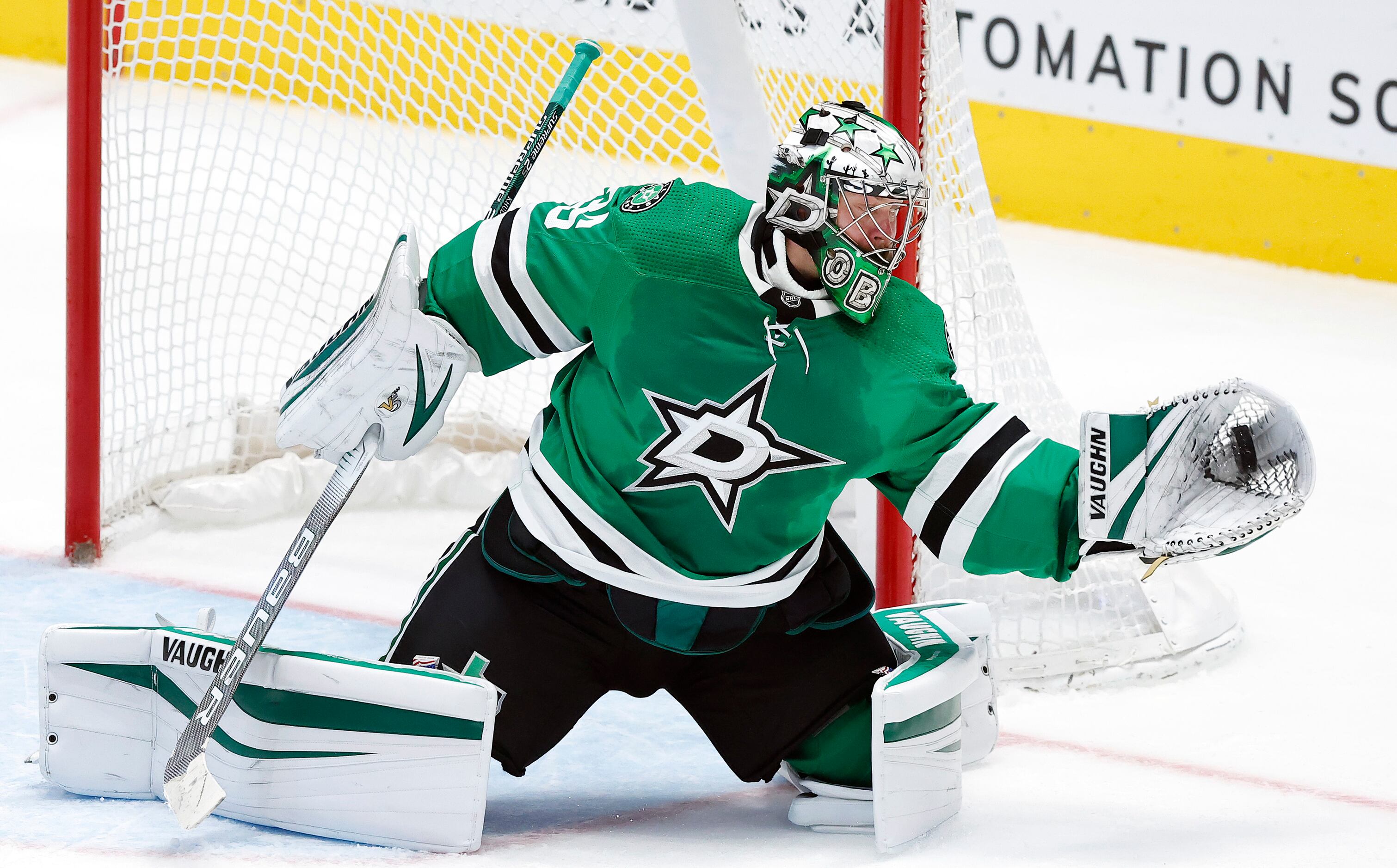 Dallas Stars goaltender Anton Khudobin (35) snares a shot on goal by the Florida Panthers in...