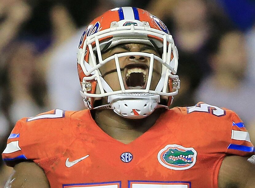 GAINESVILLE, FL - SEPTEMBER 12:  Caleb Brantley #57 of the Florida Gators celebrates a...