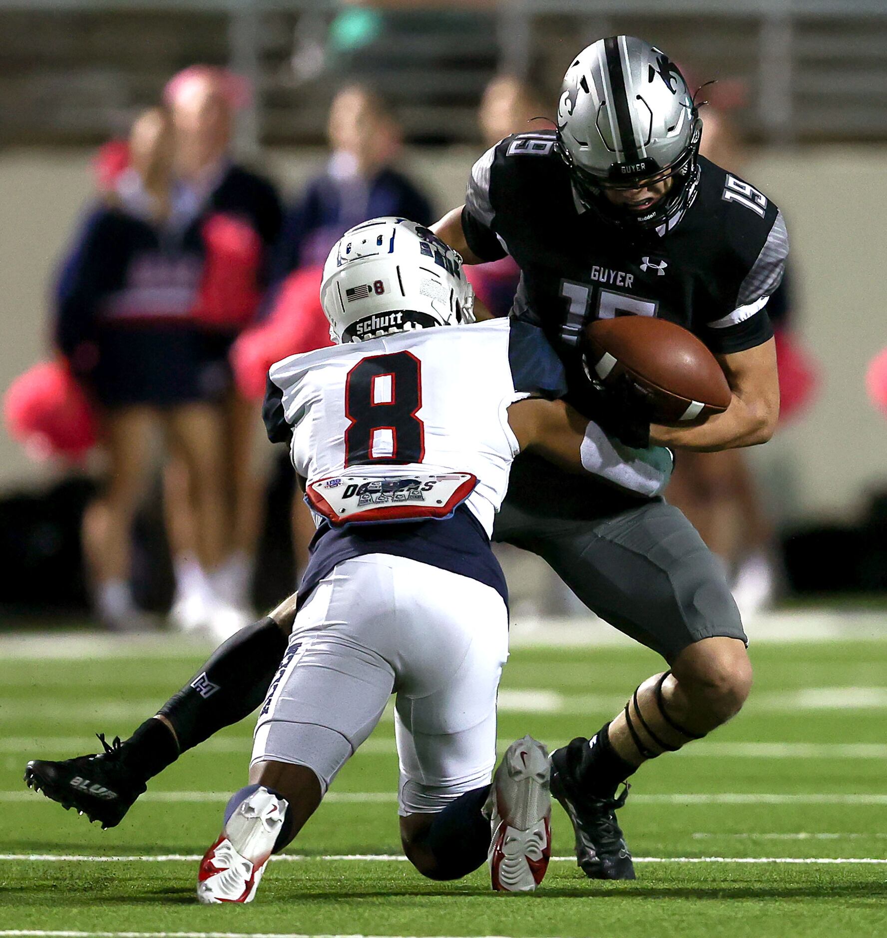 Denton Guyer wide receover Grayson O'Bara (19) comes up with a reception against Allen...