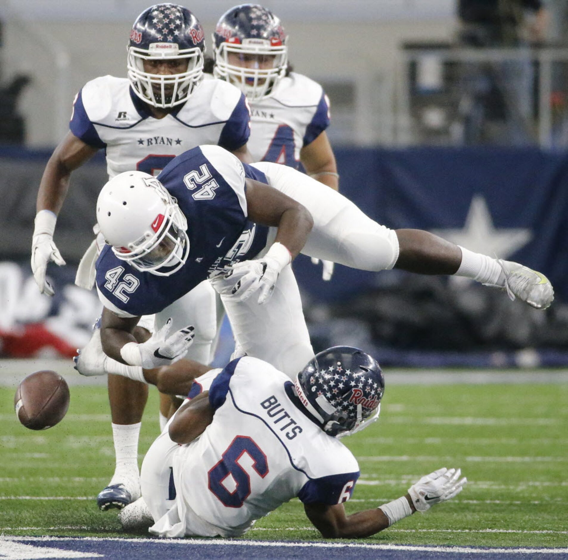 Ryan defender Tamar Butts (6) forces a fumble from Allen running back Trent Barrance (42)...