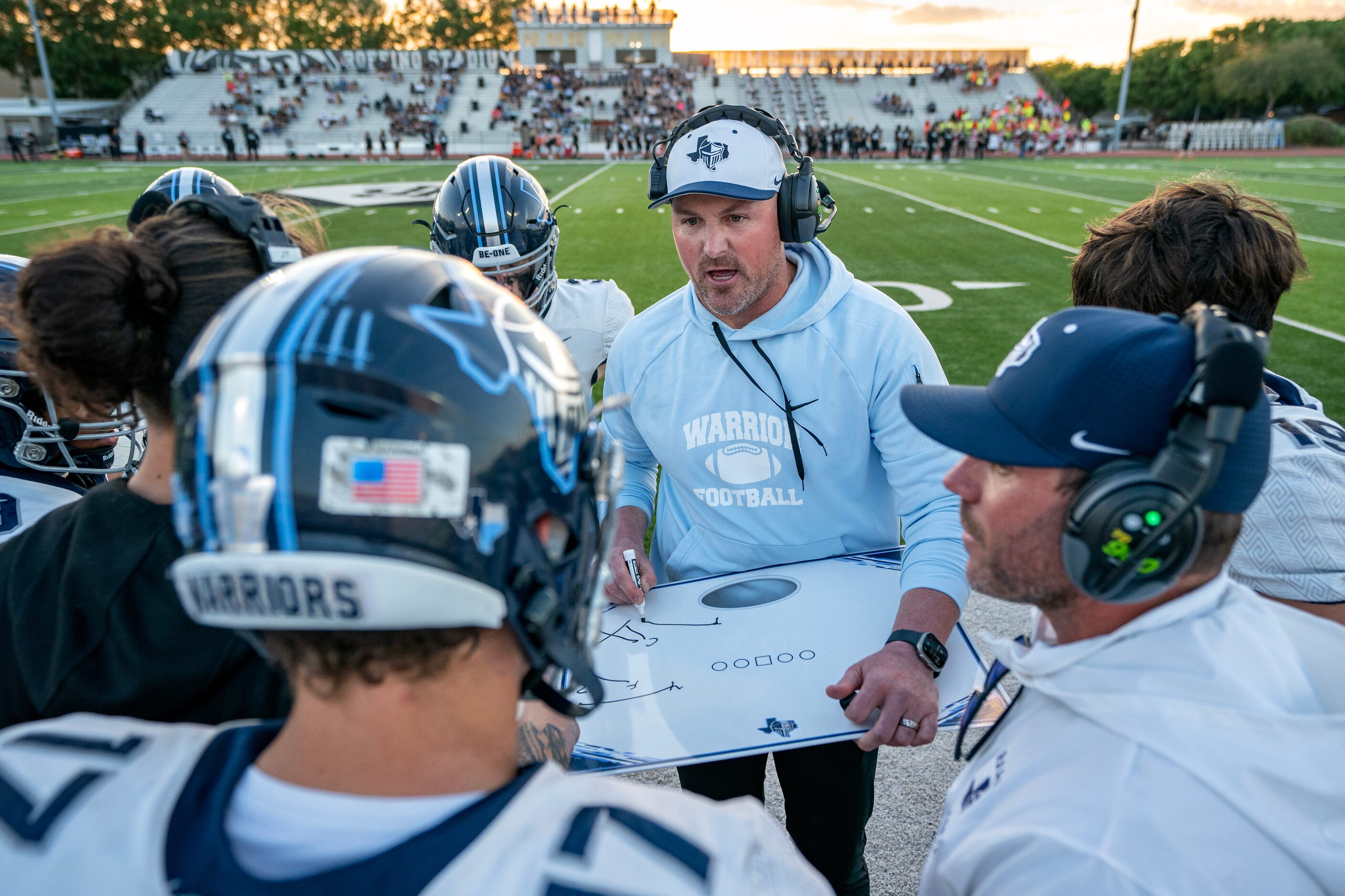 Former Dallas Cowboys great and Argyle Liberty Christian head coach Jason Witten instructs...