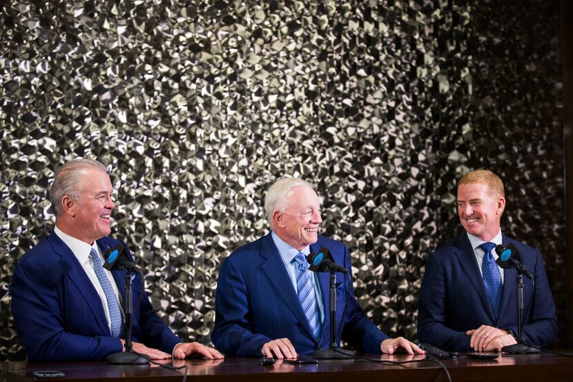 Dallas Cowboys Owner Jerry Jones, center, CEO and Executive Vice President Stephen Jones,...