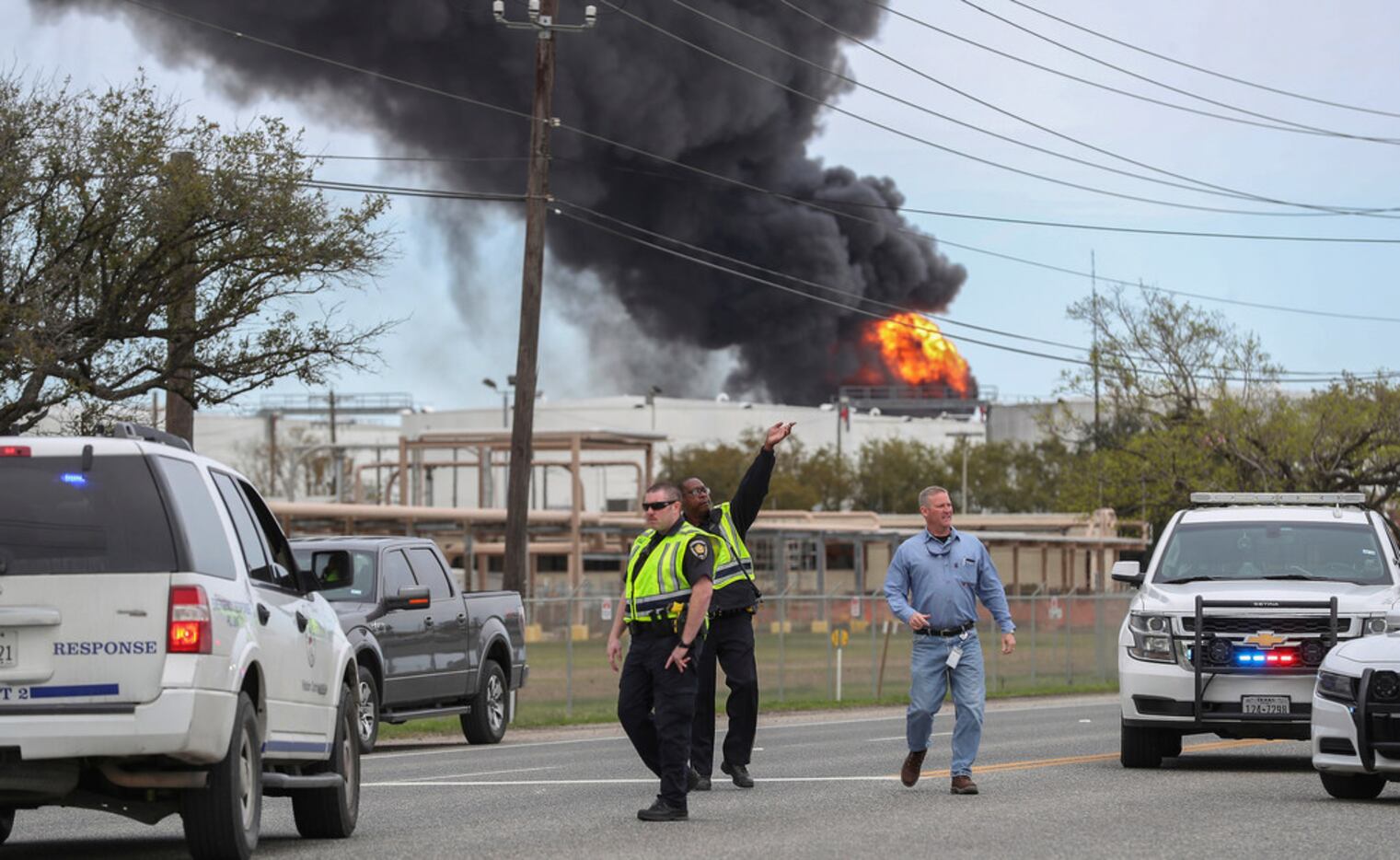 Smoke rises from a fire burning at the Intercontinental Terminals Company in Deer Park, east...
