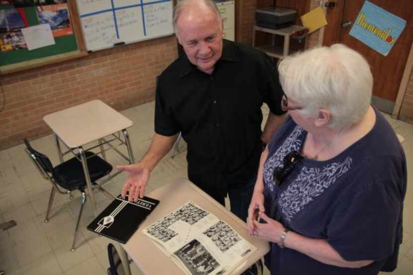
Bishop Lynch alumni John Ganter (left) and Joan Ellinger Bertucci share memories from...