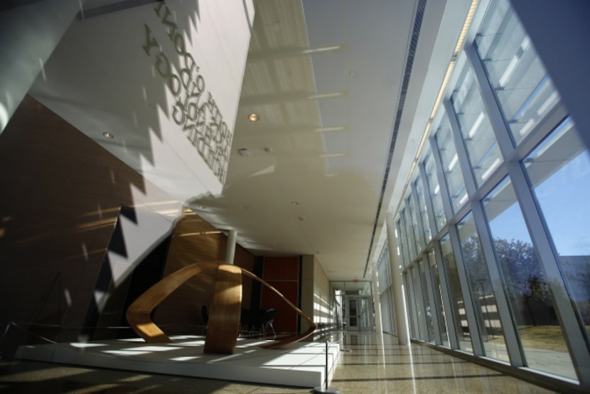 An interior photo of the Edith O'Donnell Arts and Technology Building featuring the "X"...