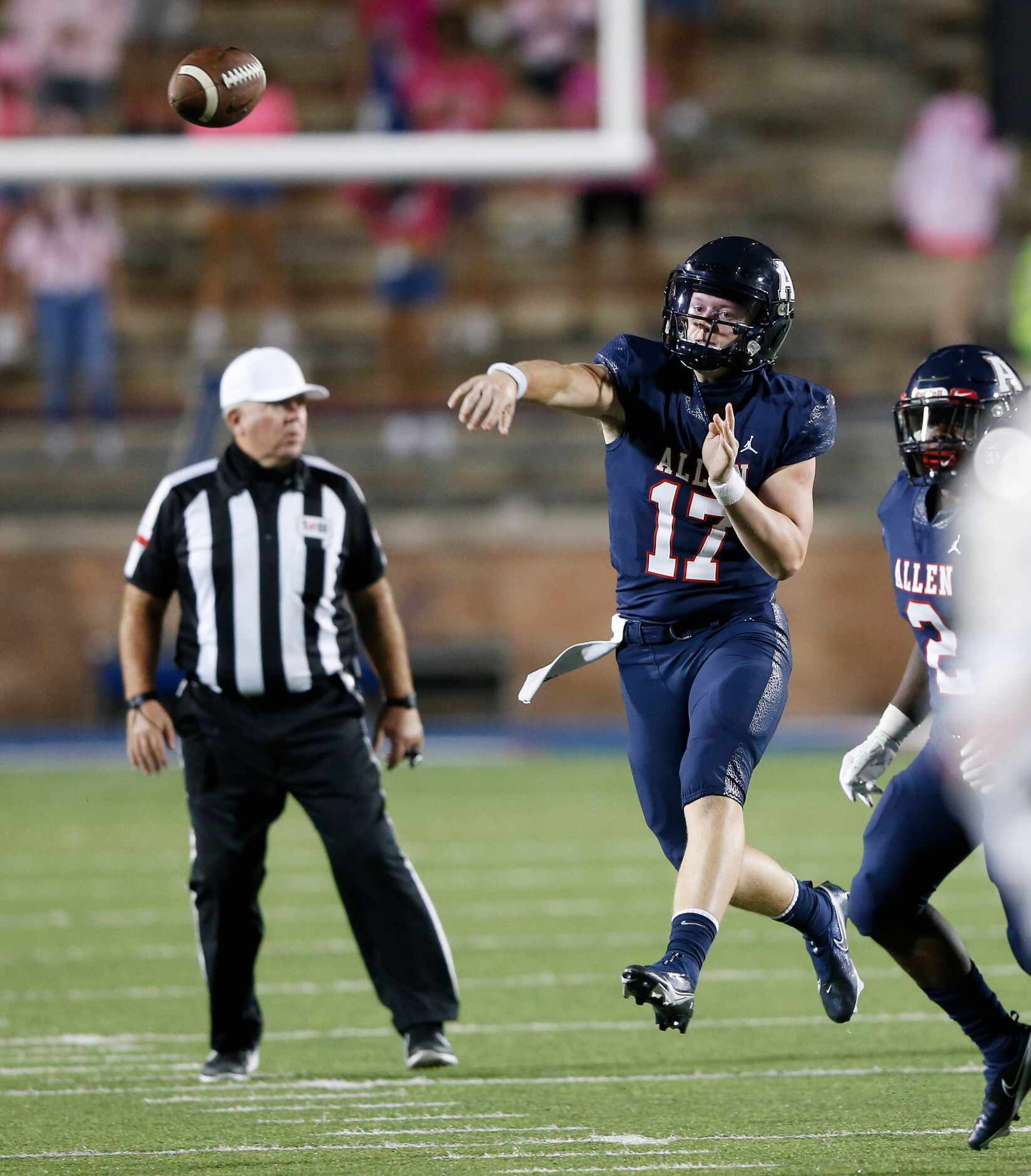 Allen's Jake Wolf  (17) attempts a pass in a game against  Humble Atascocita's during the...