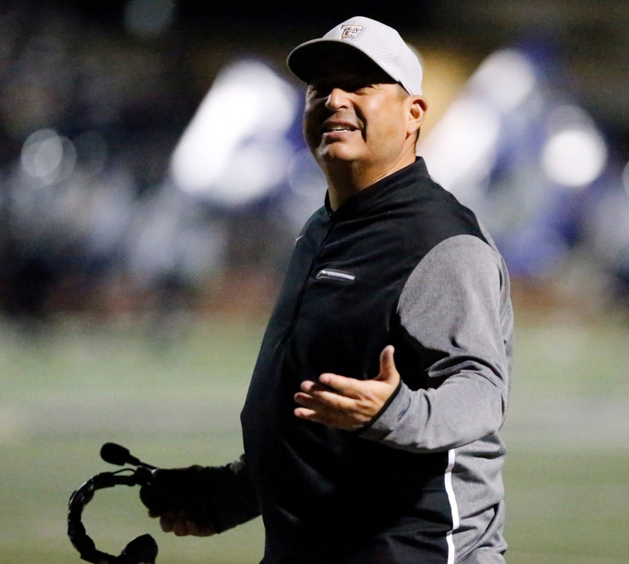 The Colony High School head coach Rudy Rangel questions a ref after falling behind in the...