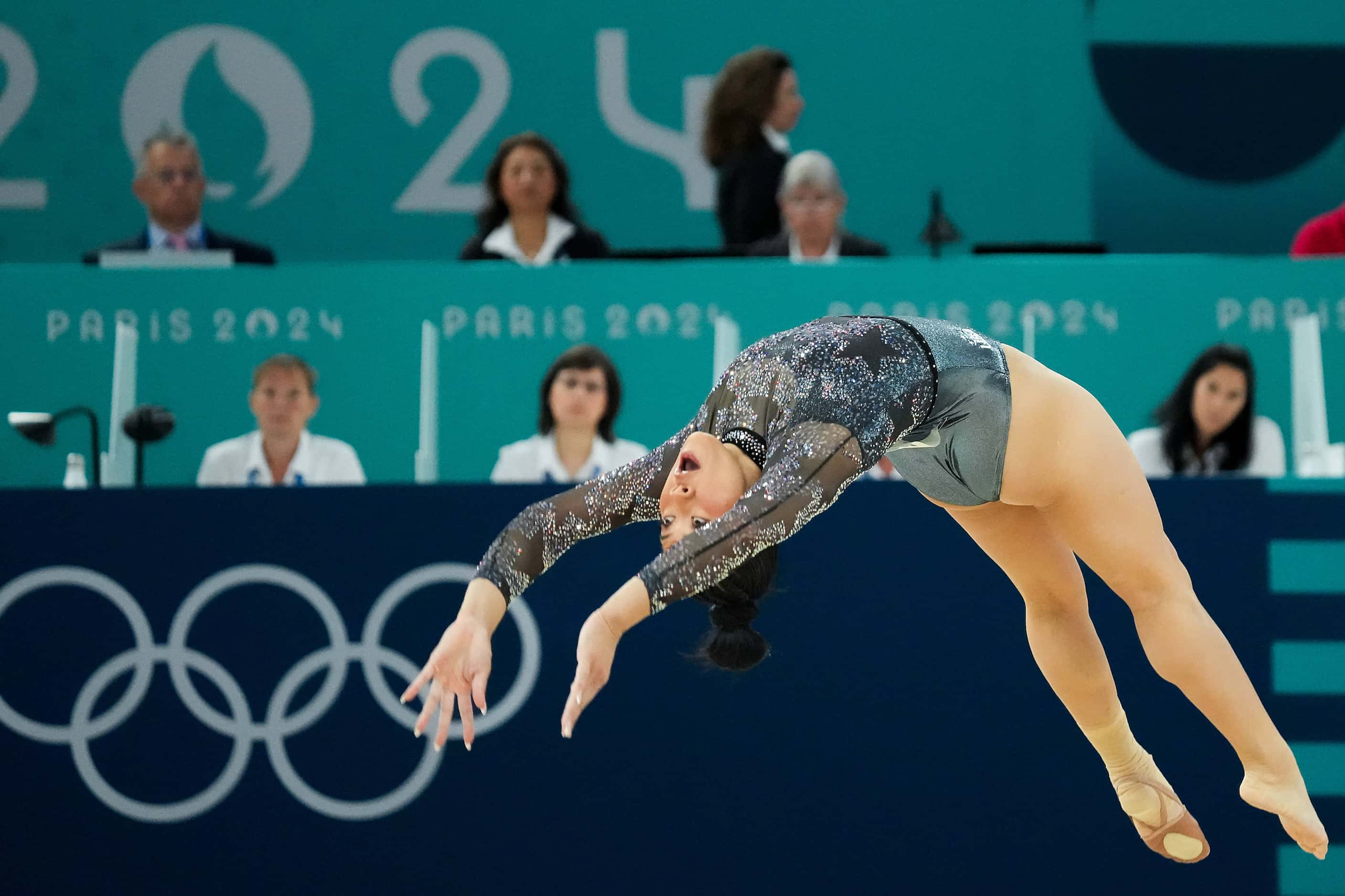 Suni Lee of the United States competes on the floor during women’s gymnastics qualifying at...