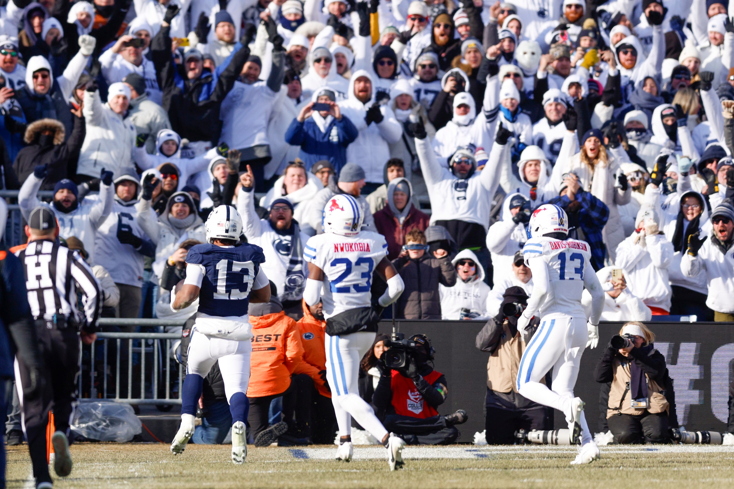 Penn State running back Kaytron Allen (13) runs for a touchdown ahead of SMU safety Isaiah...