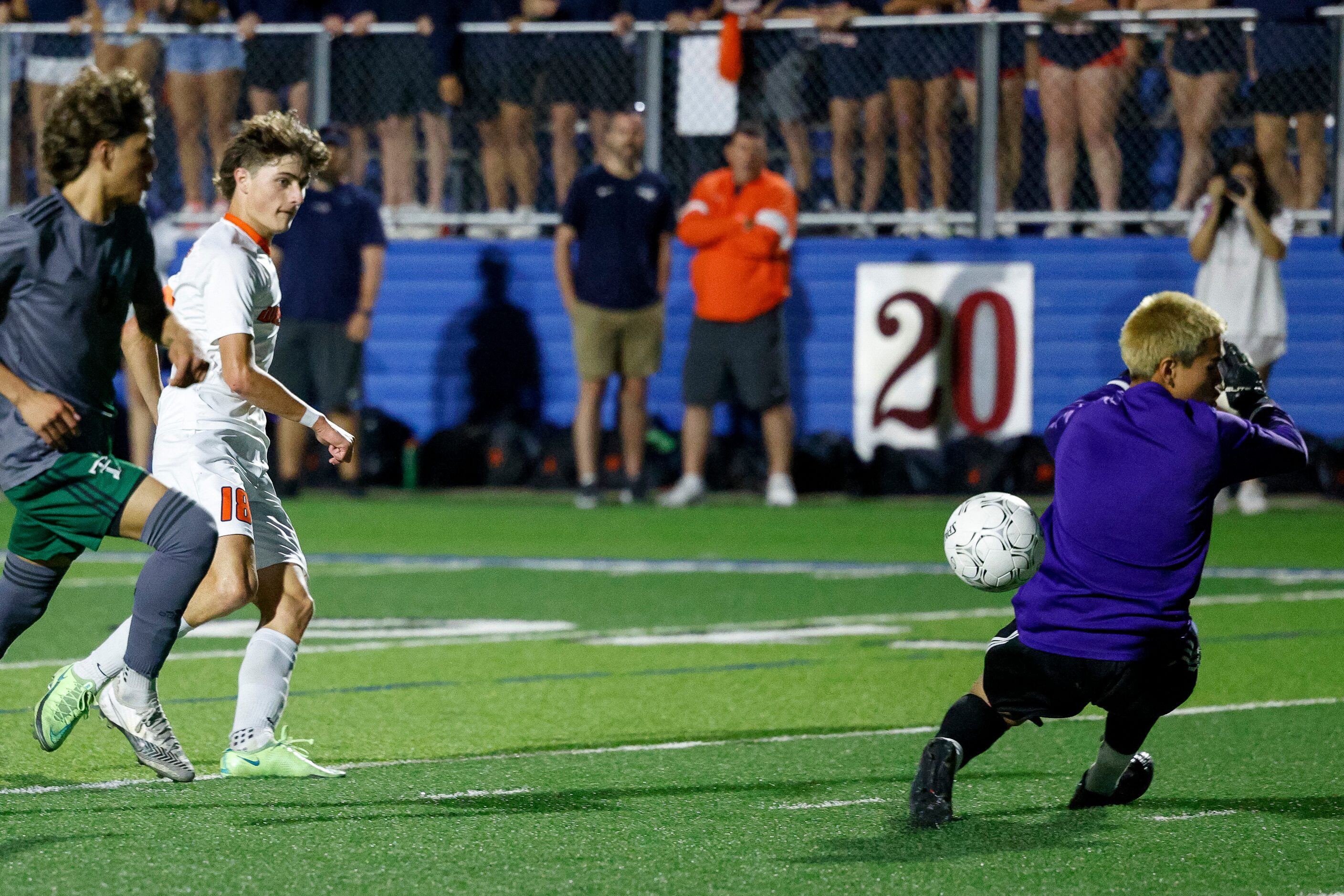 Frisco Wakeland midfielder Ryan Greener (18) scores a goal past Fort Worth Trimble Tech...