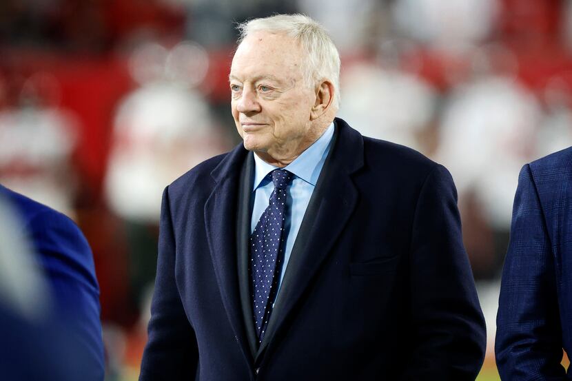 Dallas Cowboys owner Jerry Jones watches as his team prepares to face the Tampa Bay...