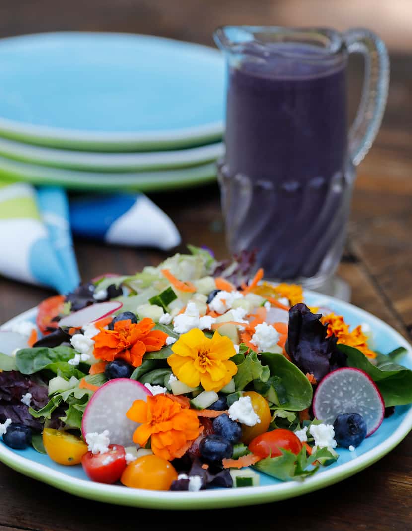 A Floral Blueberry Salad with Butterfly Pea Flower Vinaigrette 