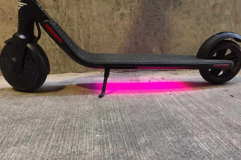 A Bird electric scooter shows its colors on Tuesday morning, Oct. 23, 2018 in Dallas. The...