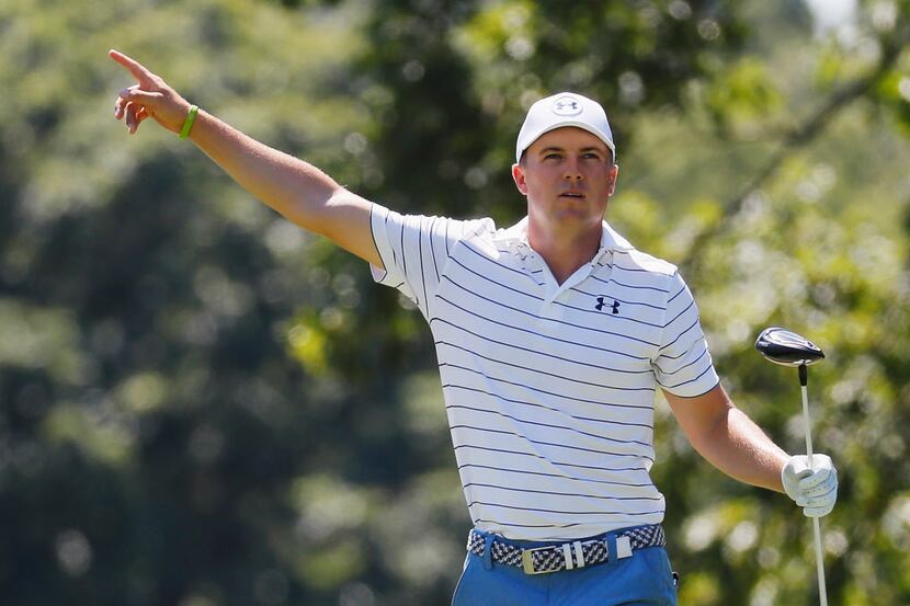 FARMINGDALE, NY - AUGUST 28:  Jordan Spieth reacts to his tee shot on the fifth hole during...