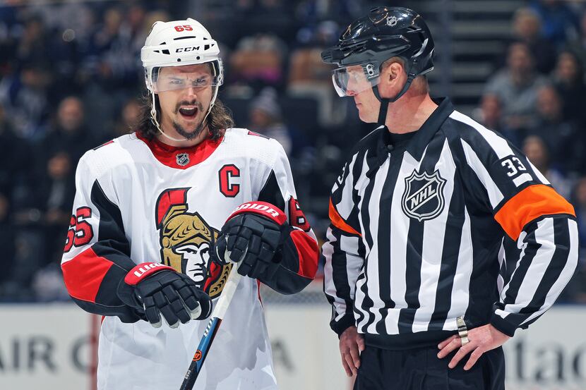 TORONTO, ON - FEBRUARY 10:  Erik Karlsson #65 of the Ottawa Senators voices his displeasure...