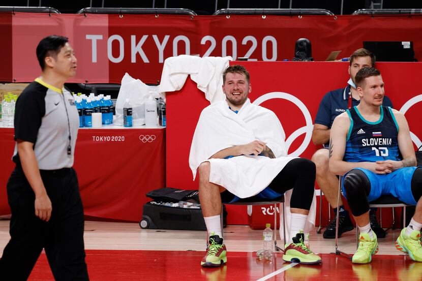 Slovenia’s Luka Doncic (77) laughs in the final minutes of play in the second half against...