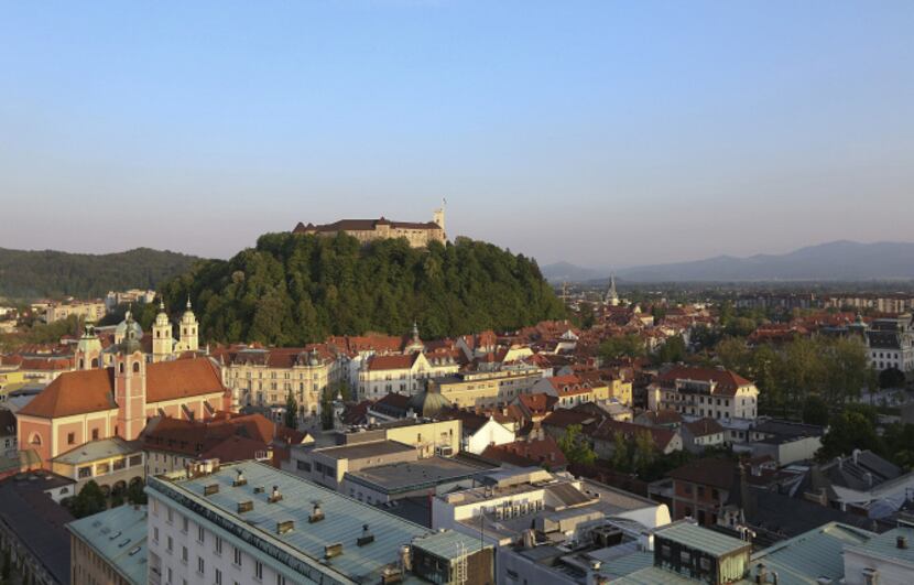 Ljubljana Castle stands above the city skyline in Ljubljana, Slovenia.