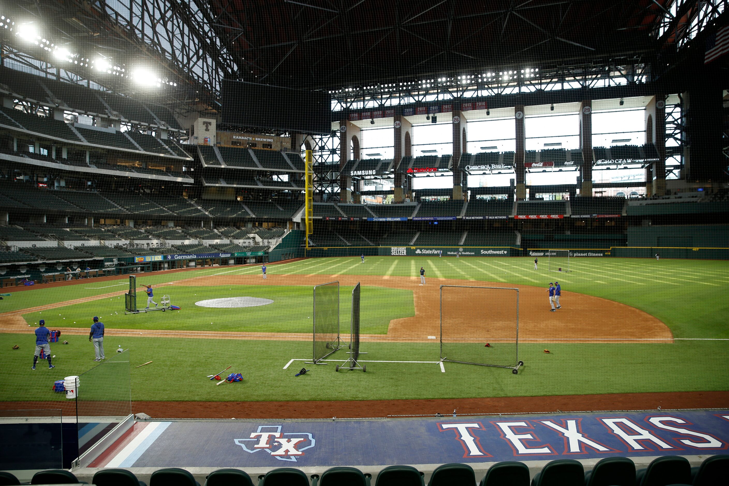 Texas Rangers at batting practice during Texas Rangers 2020 Summer Camp at Globe Life Field...