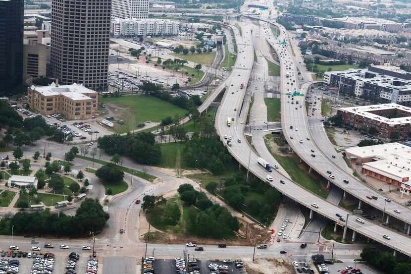 Aerial of Interstate 345 as it slices past downtown and Deep Ellum.