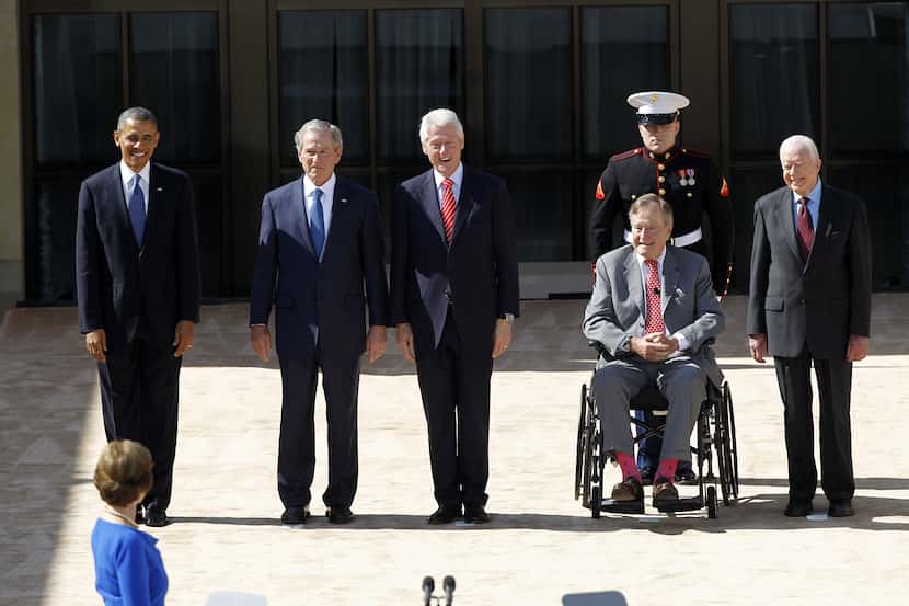 Barack Obama (from left), George W. Bush, Bill Clinton, George H.W. Bush and Jimmy Carter...