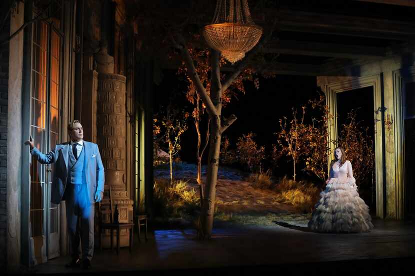 Lucas Meachem (Eugene Onegin) and Sara Jakubiak (Tatyana) in 2021 Santa Fe Opera production...