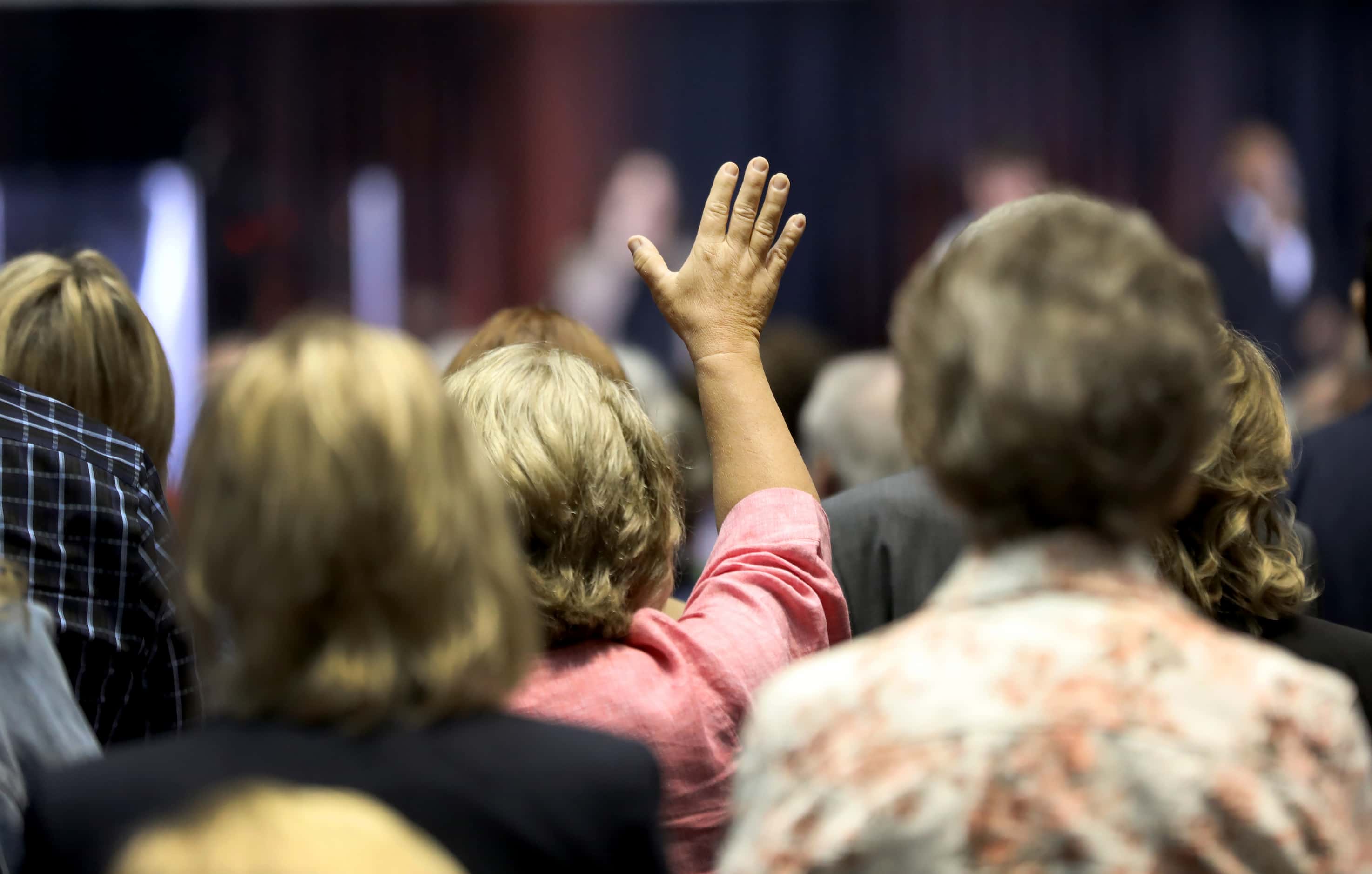 First Baptist Church members participate in Sunday service held at the Dallas Convention...