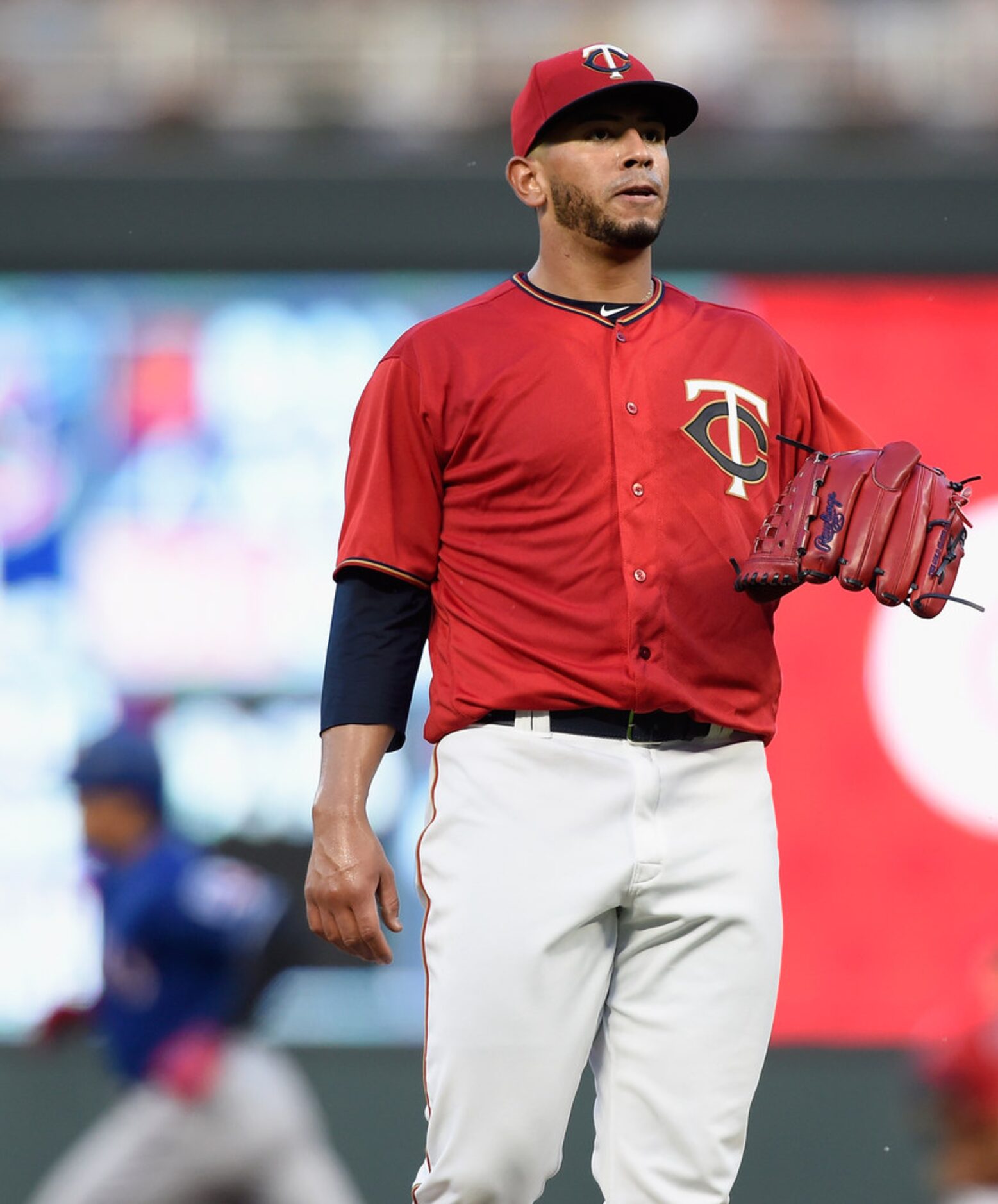 MINNEAPOLIS, MN - JUNE 22: Fernando Romero #77 of the Minnesota Twins reacts as Shin-Soo...