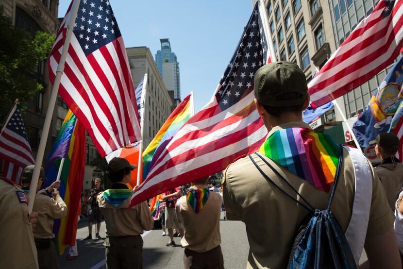 A group of Boy Scouts lead the Pride parade in New York, June 29, 2014. The Boy Scouts...
