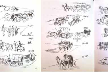 Illustrations by Nita Follie Ivie of the changing use of the road from Lebanon on the...