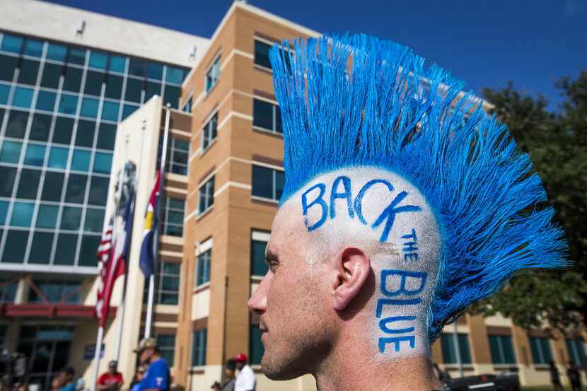 Brian Schober shows his support of Dallas police by sporting blue outside the Dallas Police...